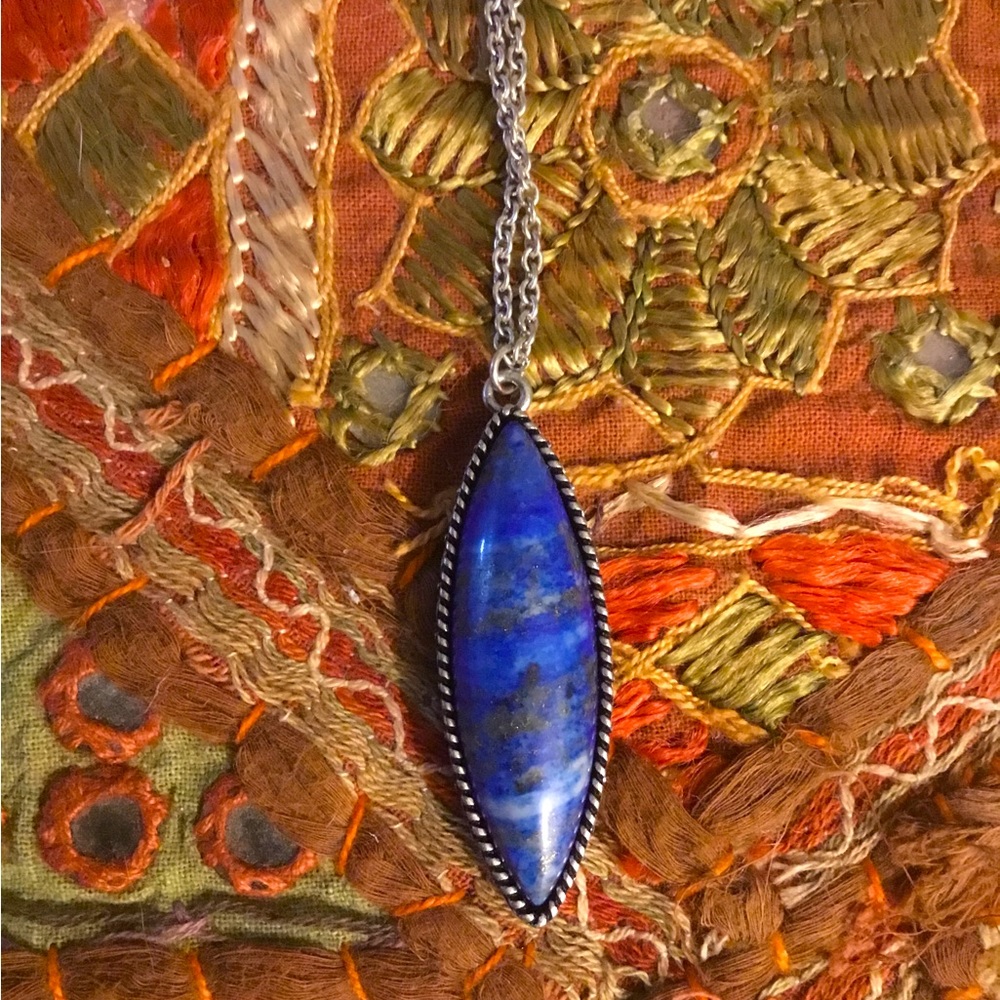 Long Lapis Lazuli Necklace, silver chain 25 inches.